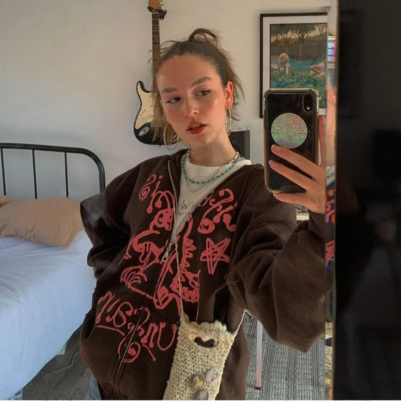 Y2K Vintage Female Sweatshirt Oversized Hoodies Women Autumn Long Sleeve Zip Up Coat Top E-girl Harajuku Grunge Gothic Clothes
