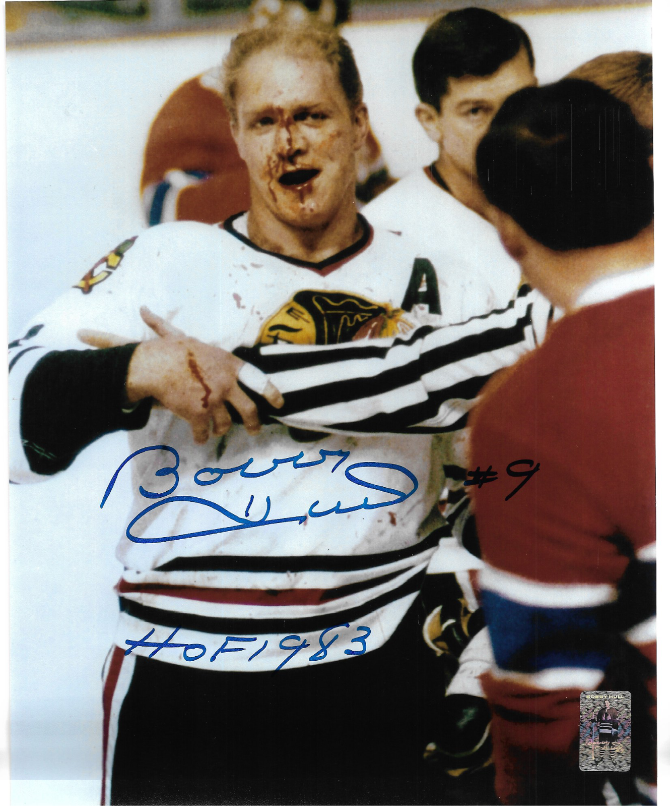 Autographed Chicago Blackhawks Bobby Hull 8x10 Signed Hockey Bloody Photo Poster painting BHH