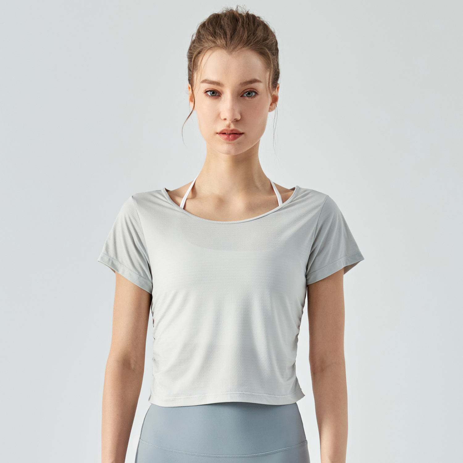 Different types of pleated back hollow-out buttery soft cool sports running cropped t shirts online shopping on Hergymclothing Misty Gray
