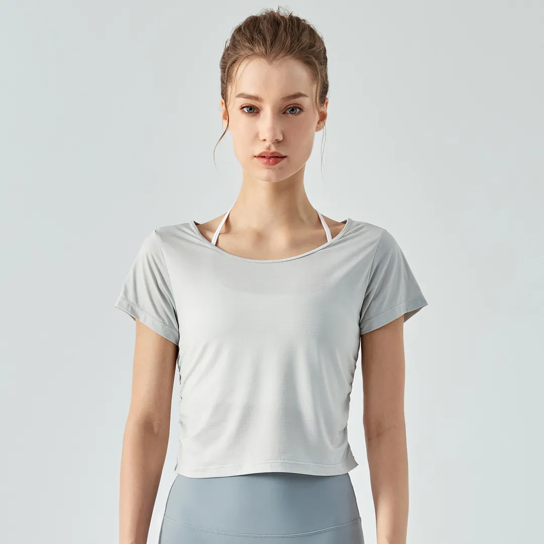 Different types of pleated back hollow-out buttery soft cool sports running cropped t shirts online shopping on Hergymclothing Misty Gray