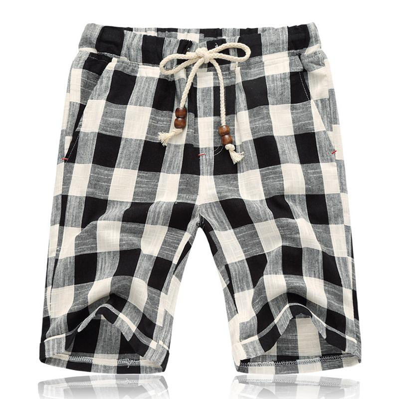 Men's Casual Cotton Linen Stripe Elastic Waist Straight Shorts