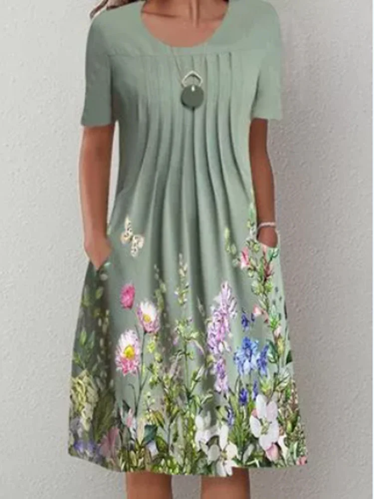 Casual Flower Round Neck Pleated Dress