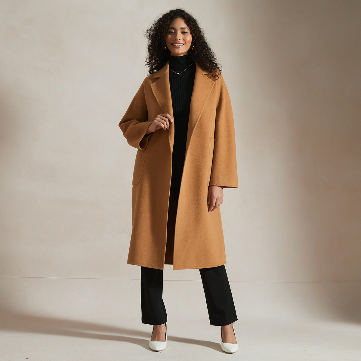 Classic Collection Women's Belted Wrap Wool Coat-Golden Camel REAL SILK LIFE