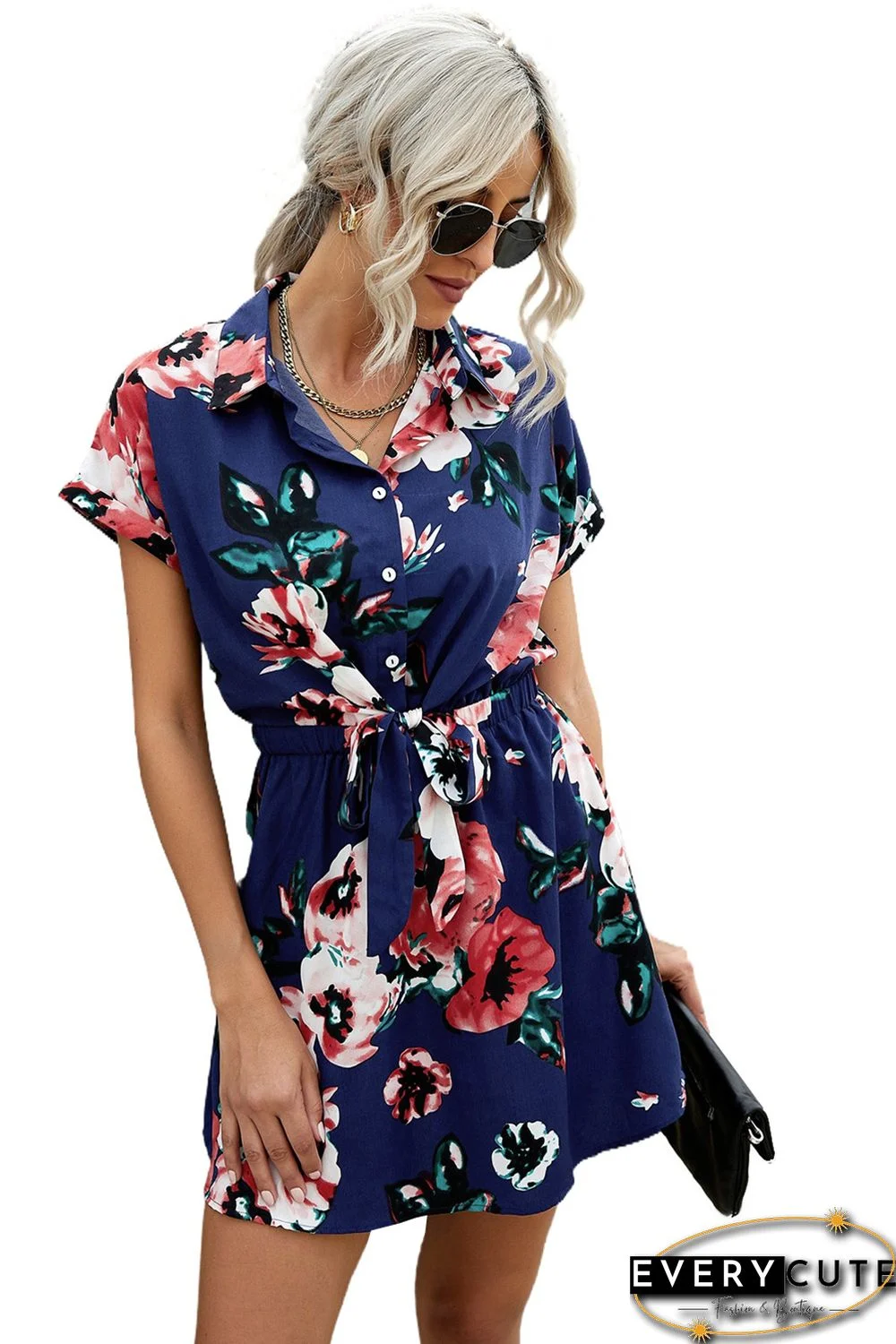 Blue Floral Shirt Collar Short Sleeve Mini Dress