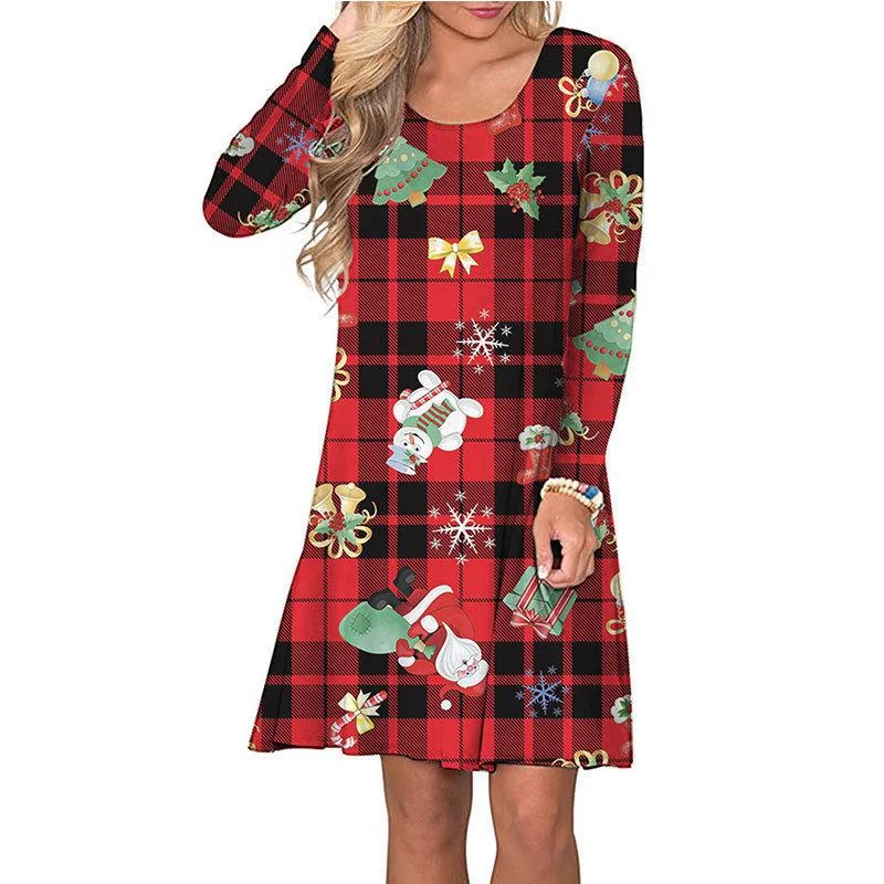 Christmas Dresses Round Neck Plaid Santa Claus Printed Long Sleeve Casual Dress