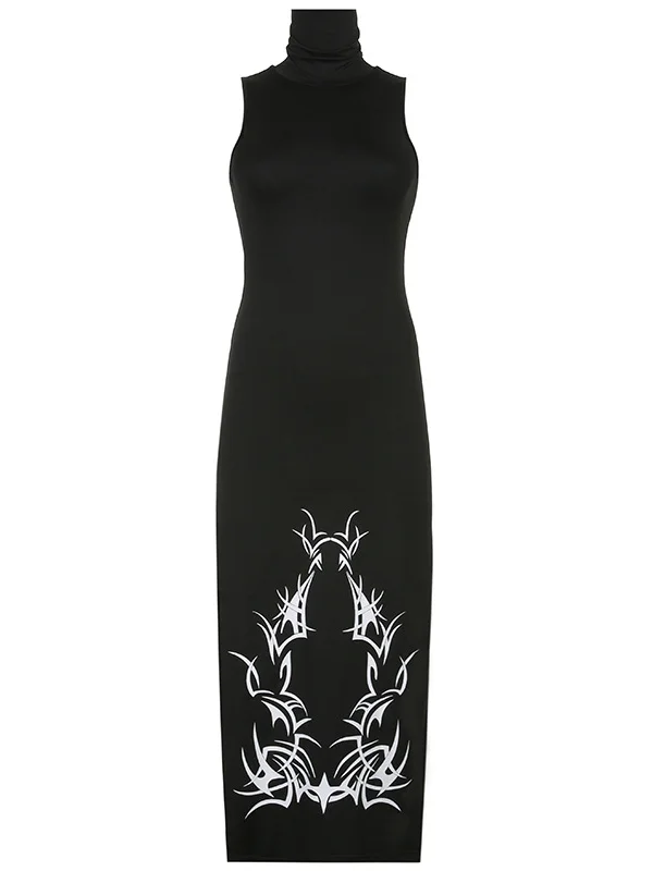 Gothic Dark Sleeveless Printed Turtle Neck Bodycon Maxi Dress