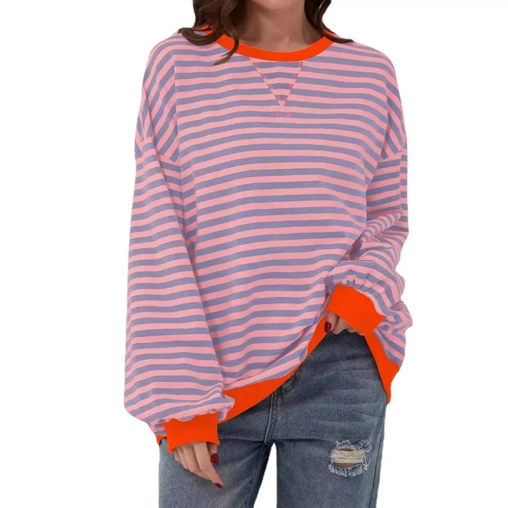 Women's Casual Stripe Colorblock Pattern Round Neck Long Sleeve Pullover T-Shirt 