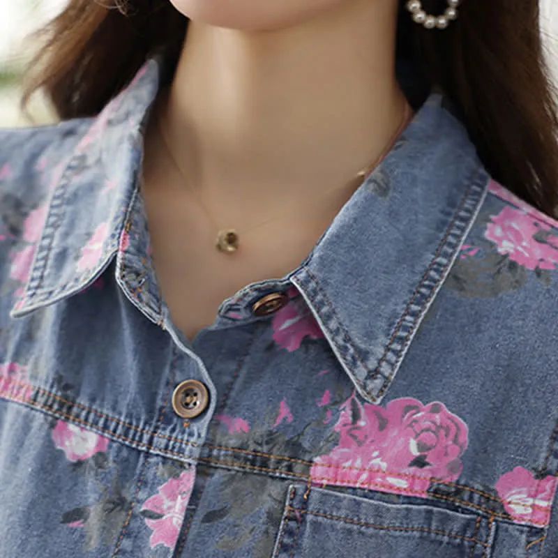Floral Print Drawstring Lapel Denim Dress