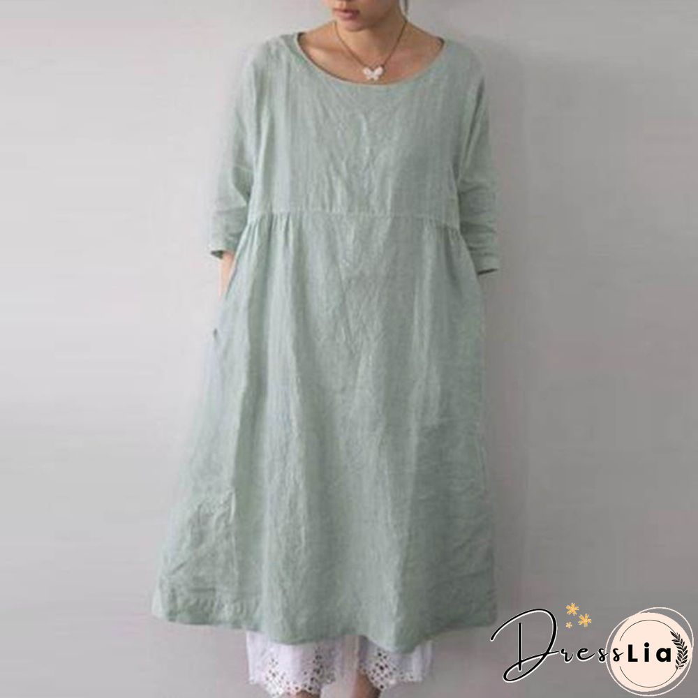 ZANZEA Women O-Neck 3/4 Sleeve Solid Color Loose Shirt Dress Kaftan Dress Plus Size S-5XL