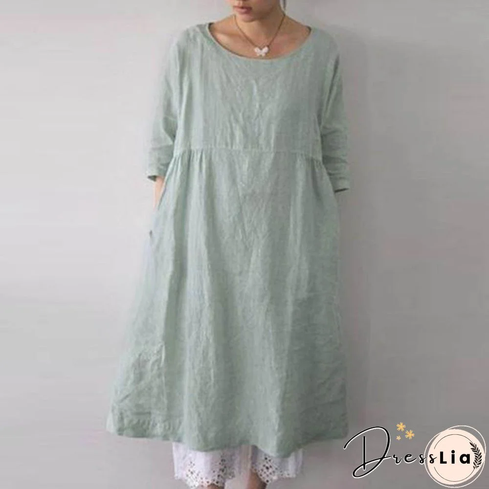 ZANZEA Women O-Neck 3/4 Sleeve Solid Color Loose Shirt Dress Kaftan Dress Plus Size S-5XL