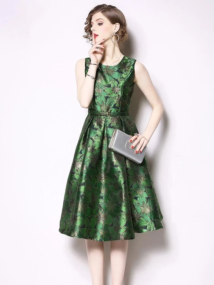 Retro Sleeveless Jacquard Dress Slim A-line Skirt