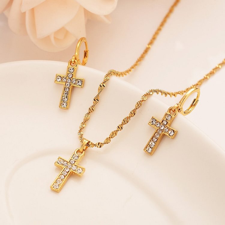 gold cz cross Pendant Necklace chain Earrings sets Jewelry Gold Christian jewelry sets