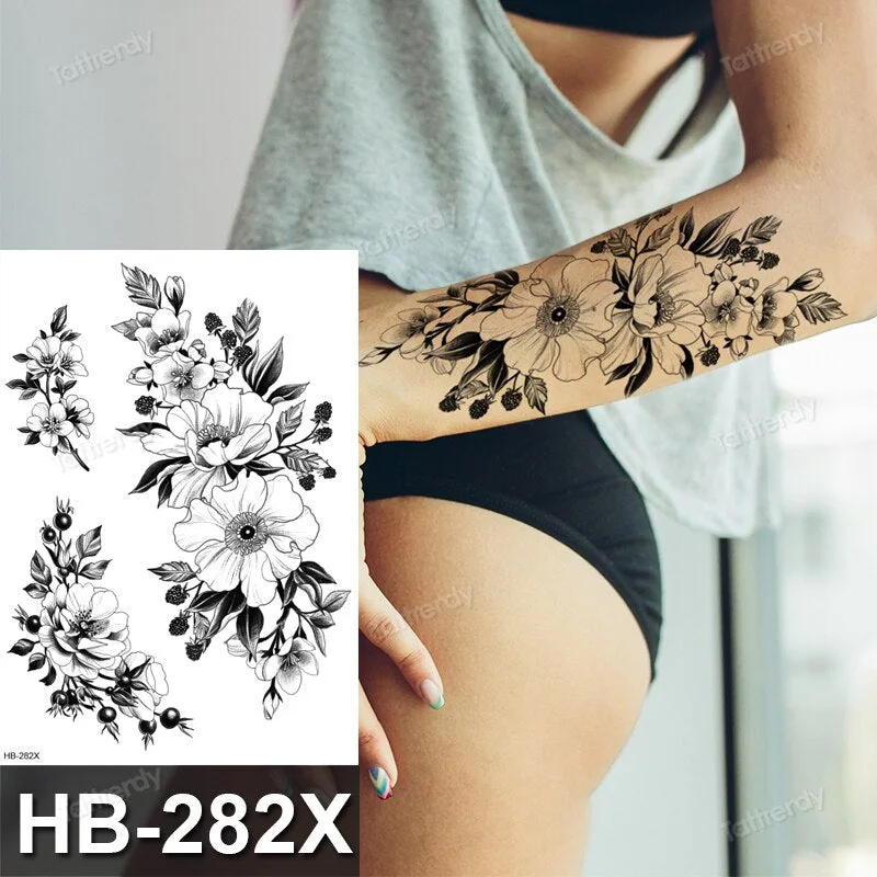 Tattoo Sticker Flower Big Body Art Waterproof Temporary Sexy Thigh Tattoos For Woman Tattoo Fake Water Black Sketch Line Sleeve