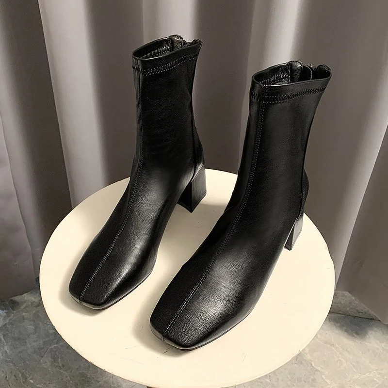 Online celebrity Martin boots for women British style 2024 autumn and winter new square toe chunky heel thin boots back zipper short boots for women Wholesale-MERUMOTE