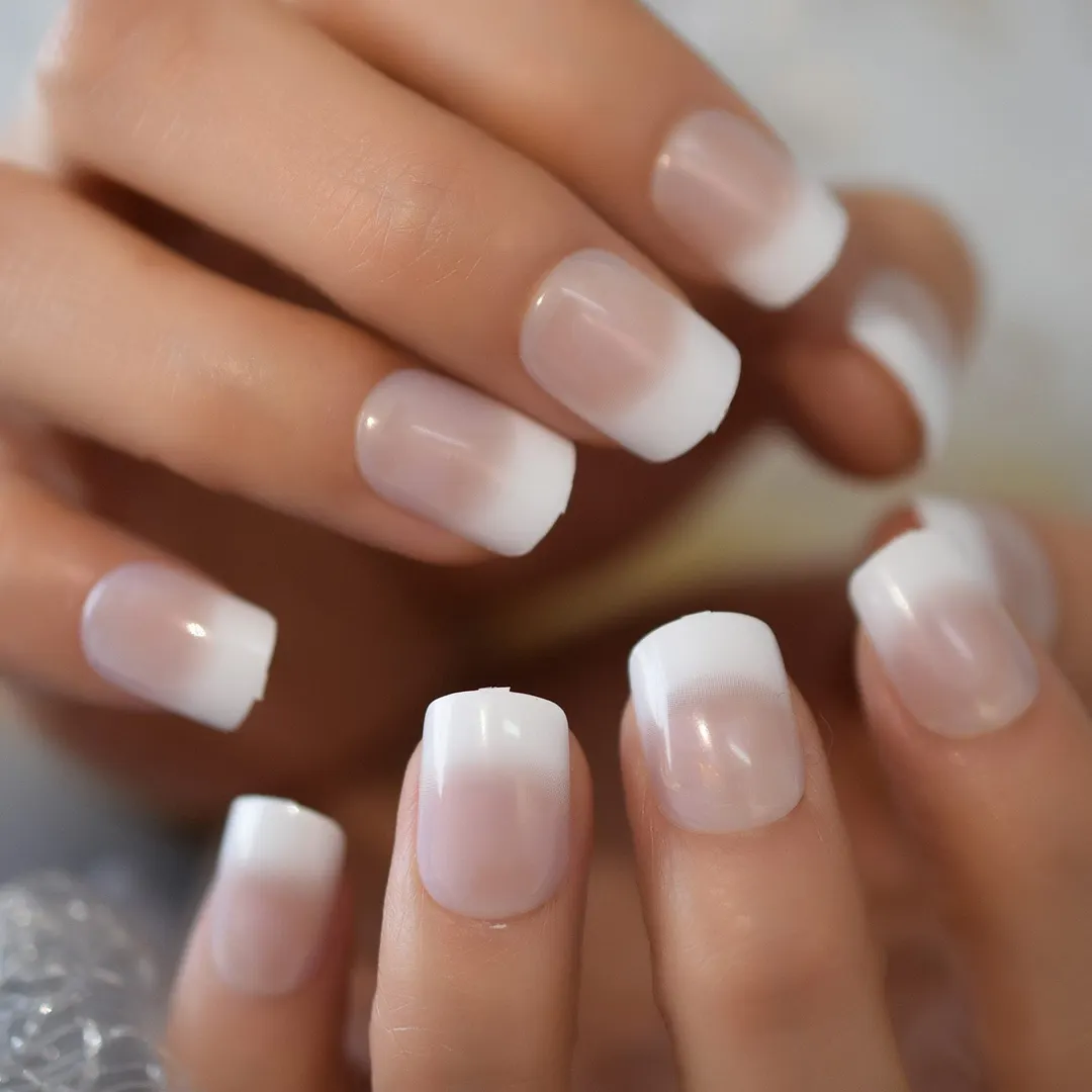 Pink Nude White French Fake Nails Squoval Square UV Gel False Press on Nails for Girl Full Cover Wear Finger Nail Art Tips 1123-Nail Inspo