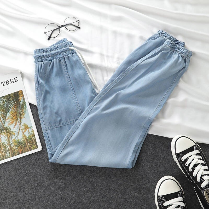 Jeans Women Plus Size Korean Style Novelty Denim Trousers Drawstring Breathable Womens All Match Streetwear Casual Pockets Soft