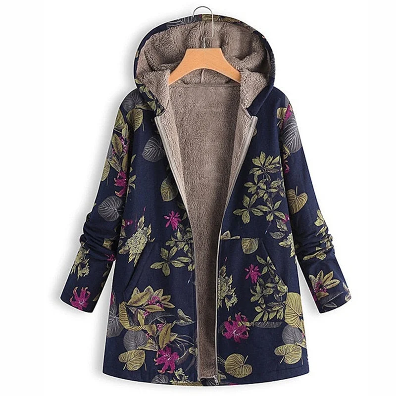 2021 Autumn Winter Women Warm Coats Vintage Plus Size Casual Printed Hooded Outwear Fashion Long Sleeve Zipper Jackets