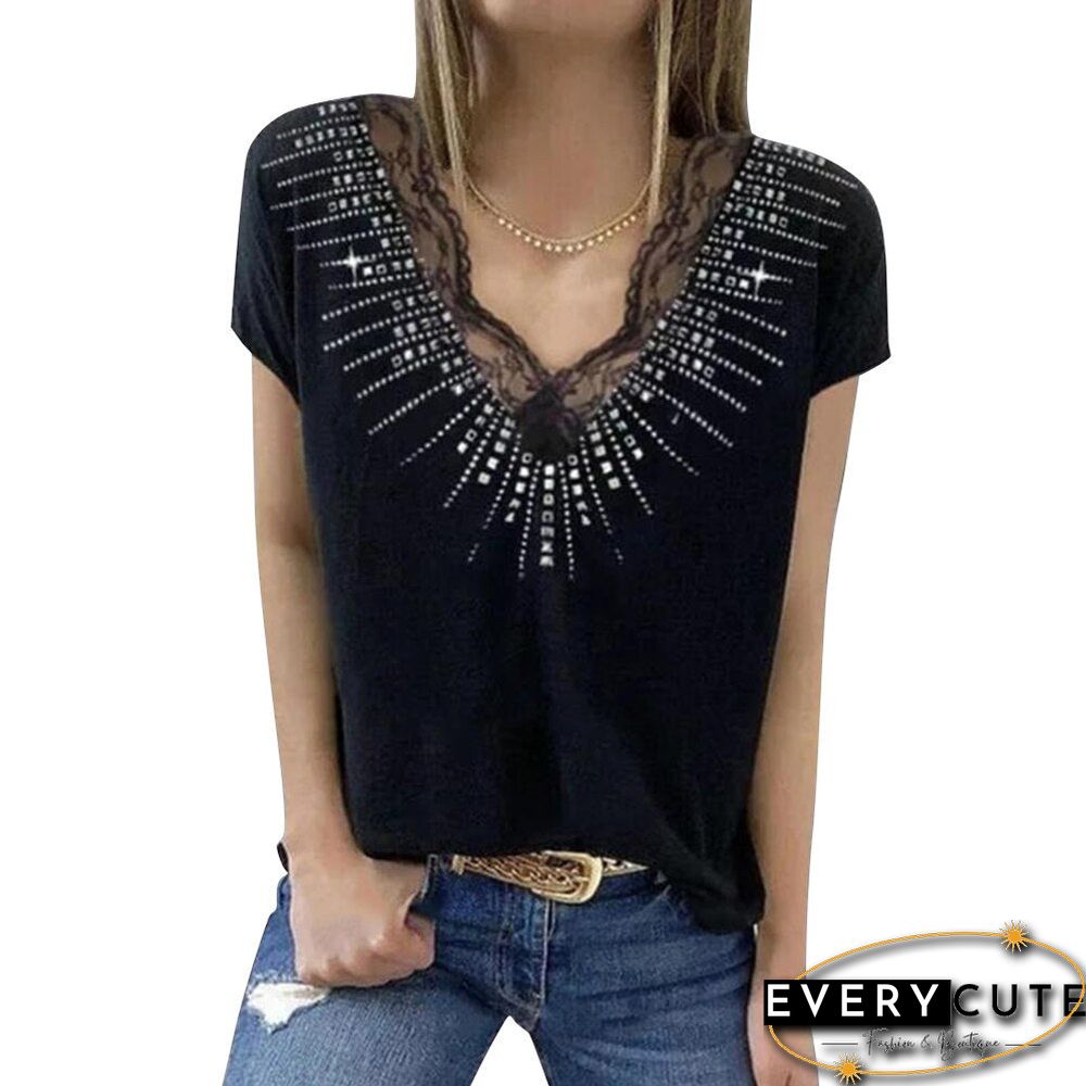 Women's Lace Splicing Deep V-Neck Tops Sequin Print Short Sleeve Blouse Tee Y2K Solid Casual Shirts Summer Chic Ladies Tops D30