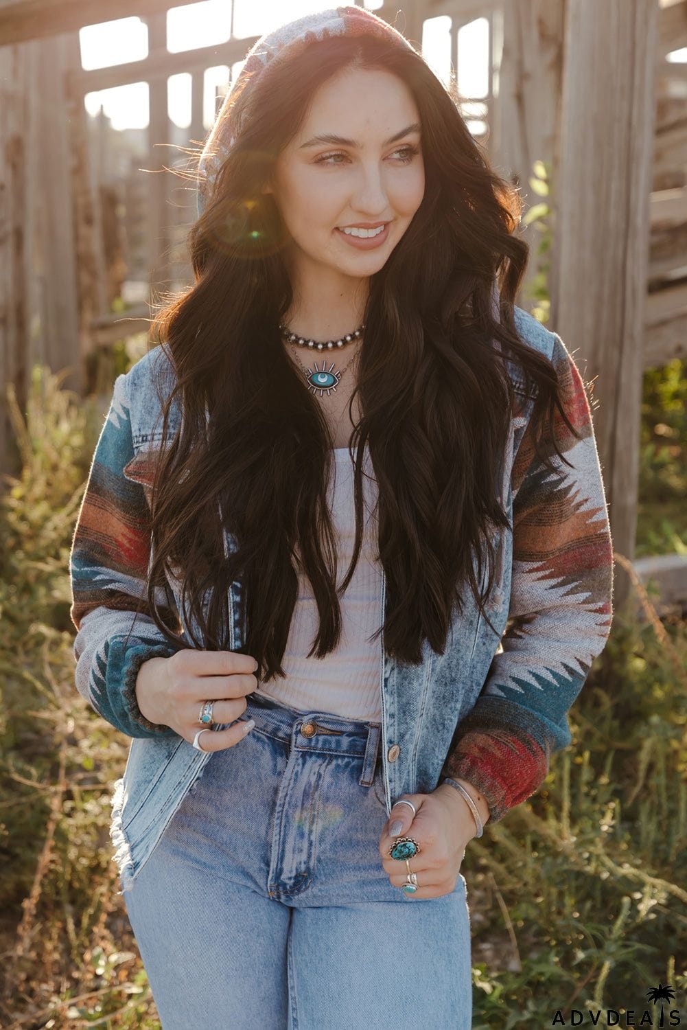color Aztec Print Frayed Hem Denim Jacket