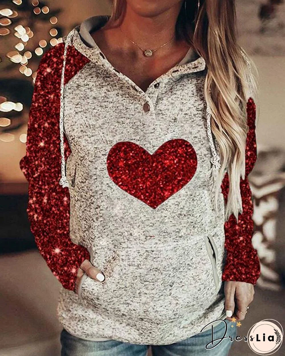 Women Print Love Heart Long Sleeves Hoodie