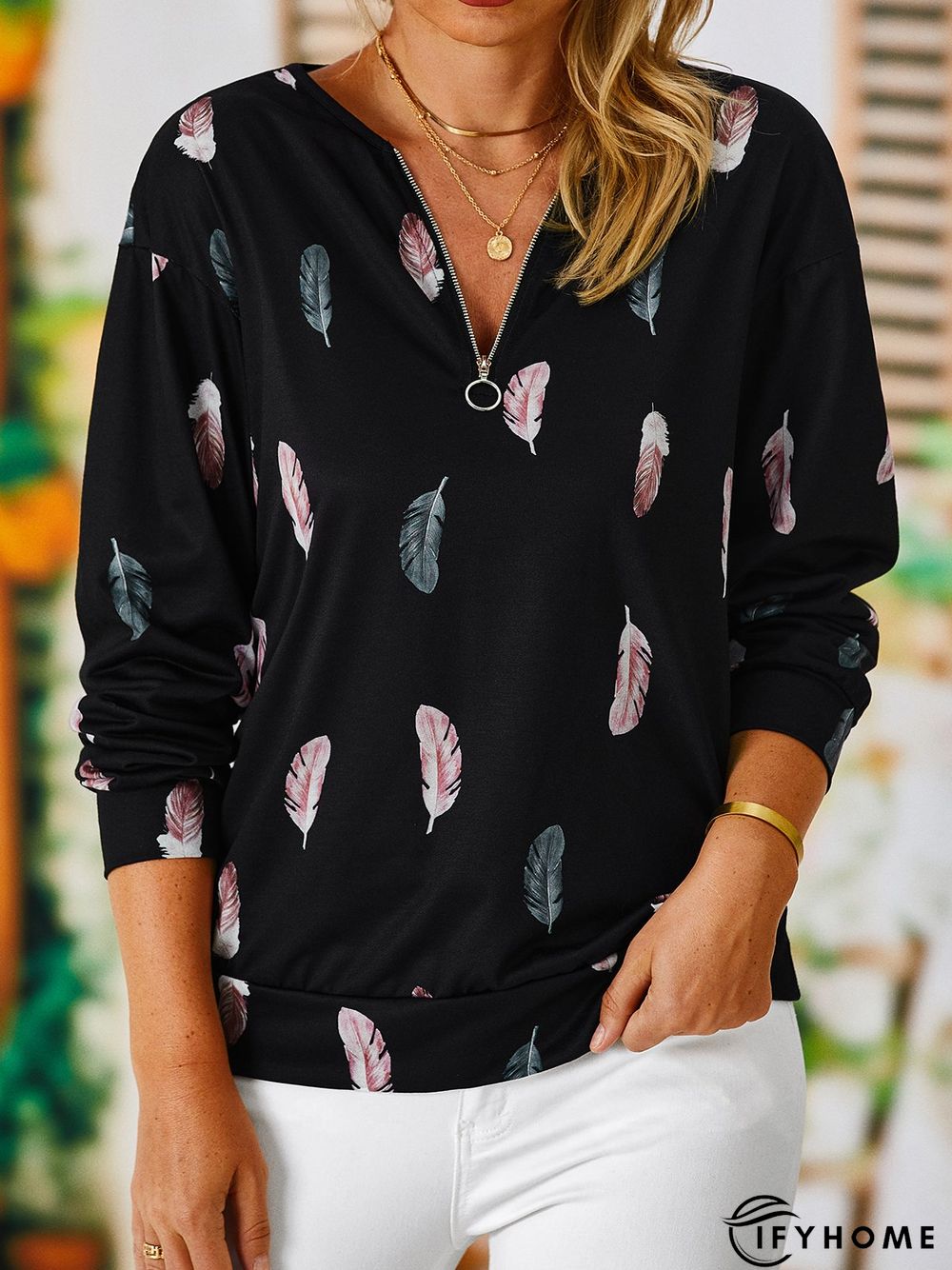 Vintage Feather Printed Zipper V-Neck Long Sleeve Casual Sweatshirt | IFYHOME