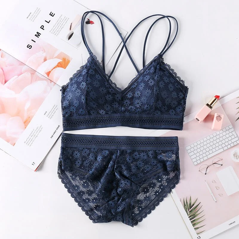French style sexy ladies lace pierced steel sports bra beauty back wrapped chest comfortable stretch bra triangle cup underwear