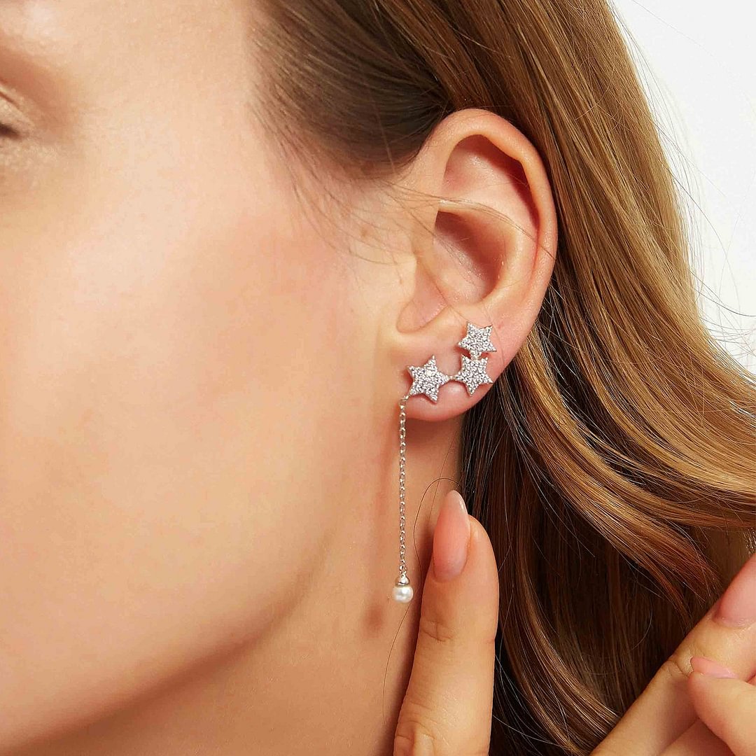 Pink Stars Features Pearl Threader Earrings in Rose Gold