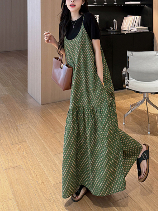 Strap Polka Dot Print Maxi Dress And Solid Color T-shirt Set