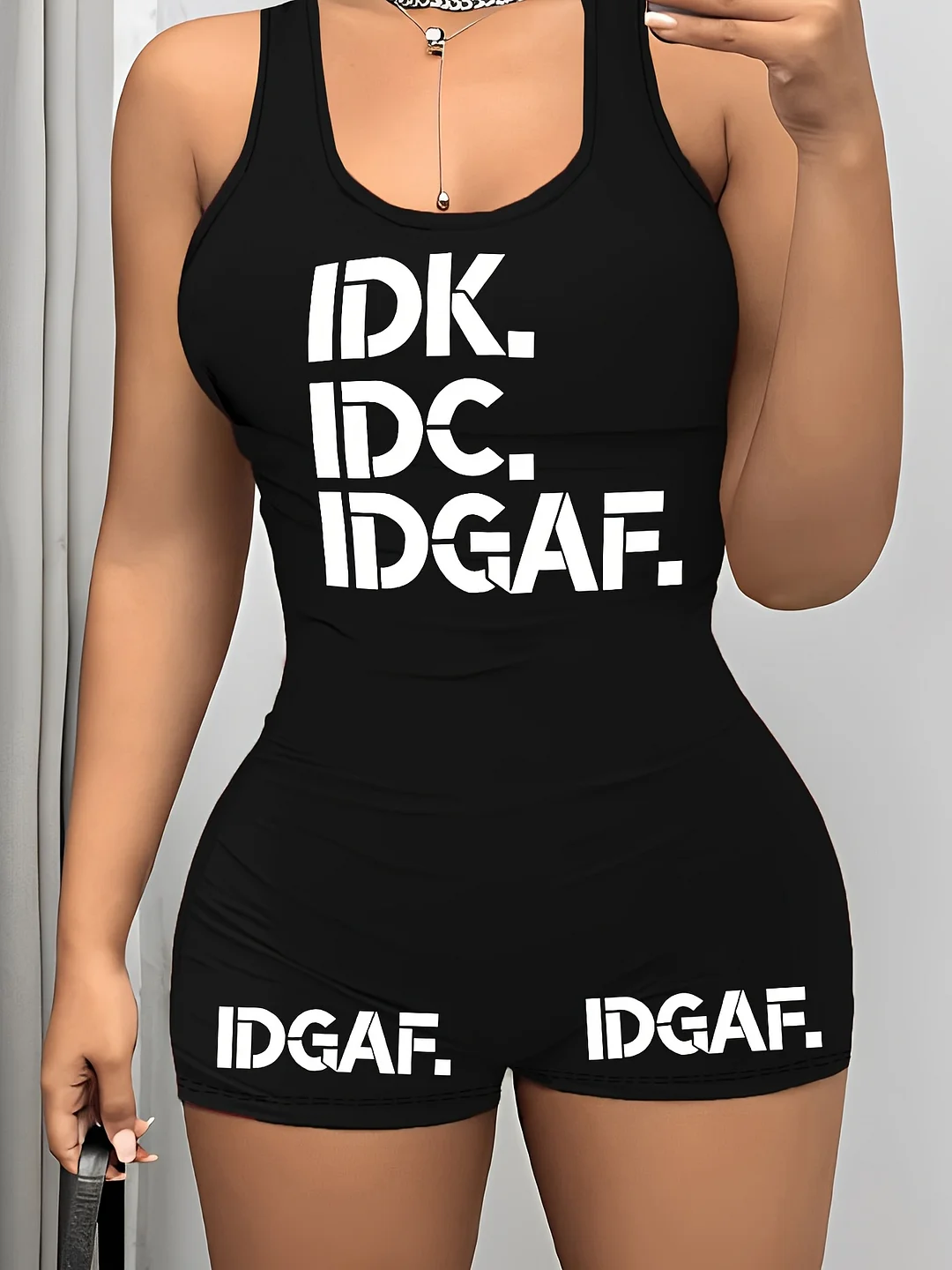 8077i14 Women's Sexy Square Neck Sleeveless Jumpsuit - Black With Bold White "Idk Idgaf" Back Print, Stretchy Bodycon Romper, Machine Washable All-Season Casual Outfit, Easy Maintenance Clothing, Sexy Jumpsuit | IFYHOME