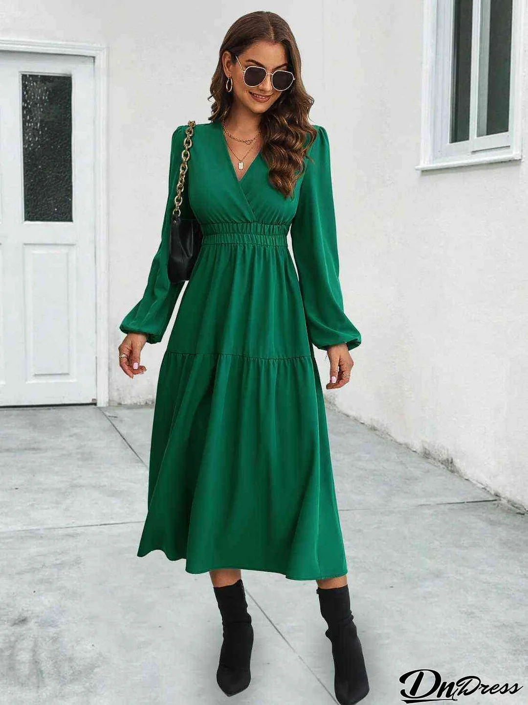 Surplice Neck Long Sleeve Midi Dress