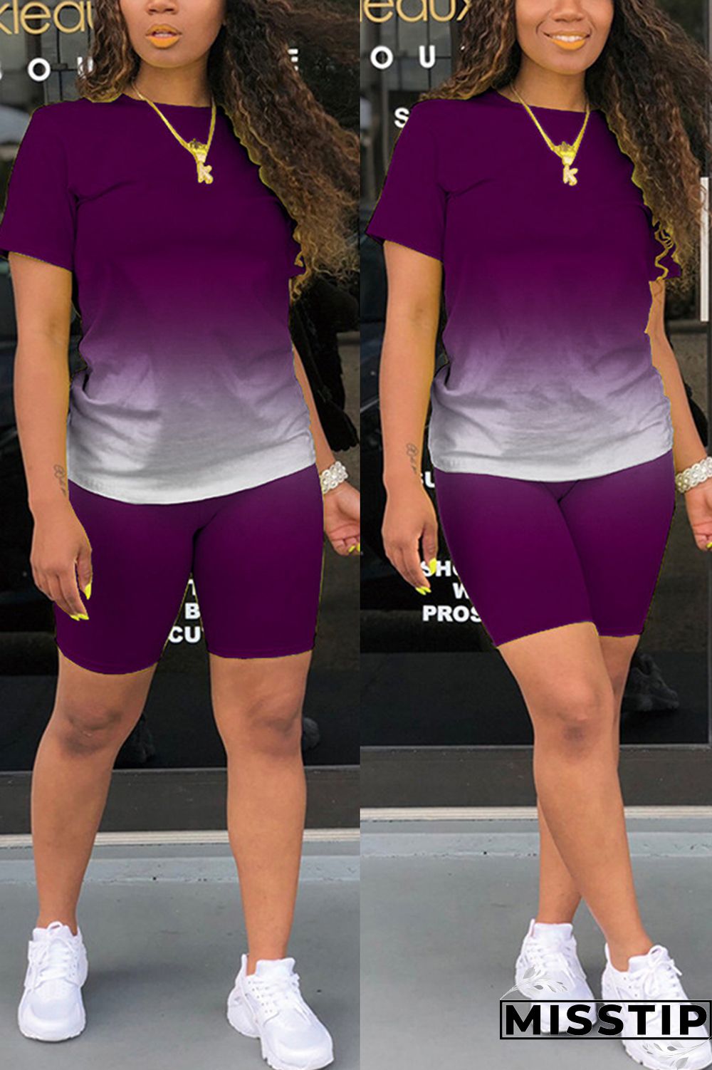 Grey Fashion Casual Gradient Short Sleeve Two Pieces