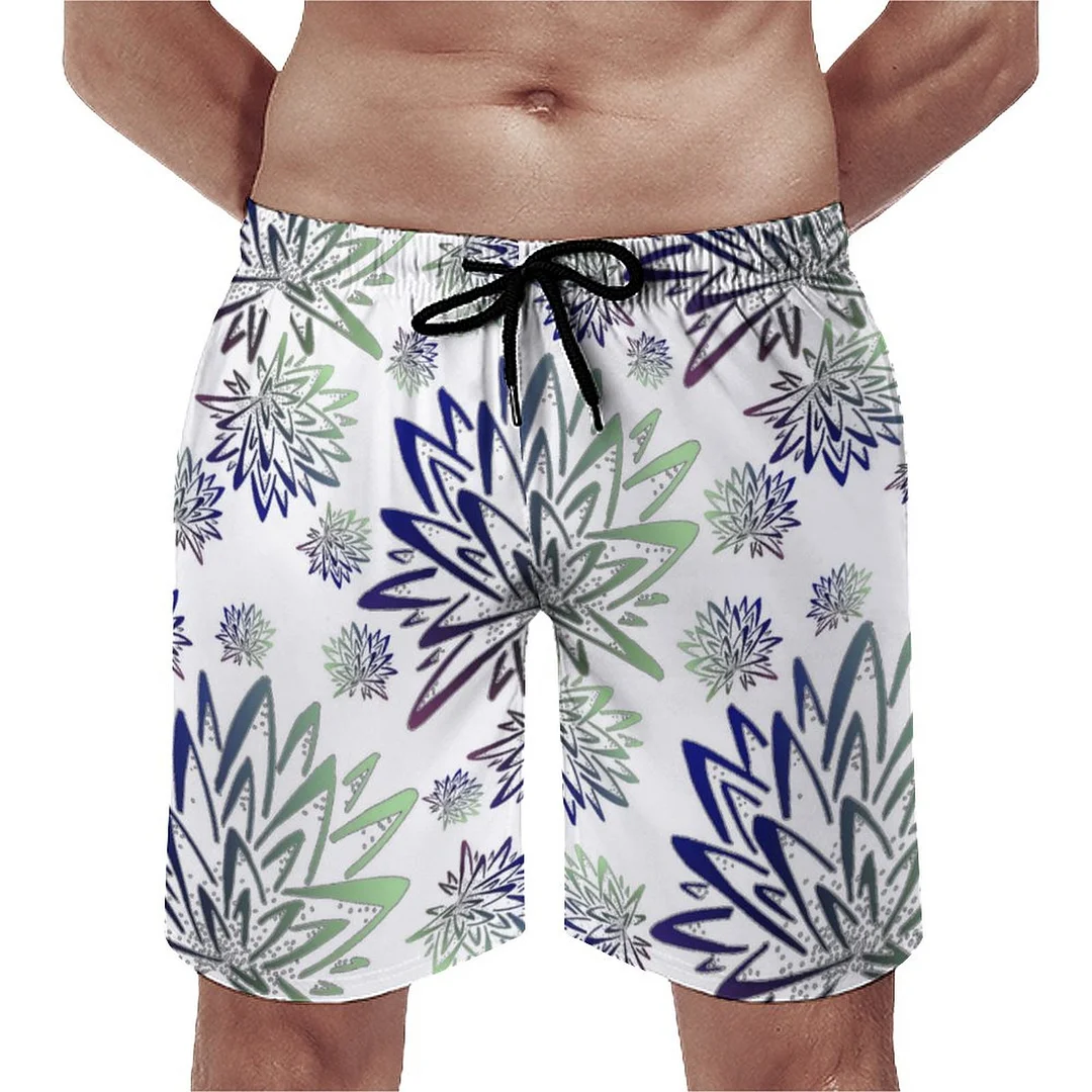Abstract White Blue Thistles Floral Men's Swim Trunks Summer Board Shorts Quick Dry Beach Short with Pockets
