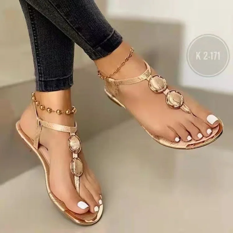 Blankf and The United States Large Size Flat Casual Sandals Women 2024 Summer New Line Buckle Clip Toe Roman Women Sandals