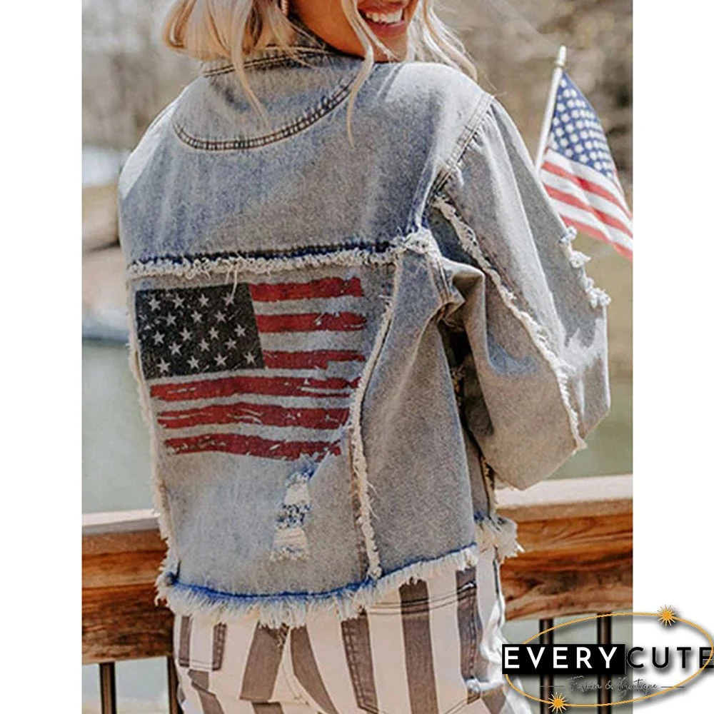 Light Blue Distressed Raw Hem Denim Jacket