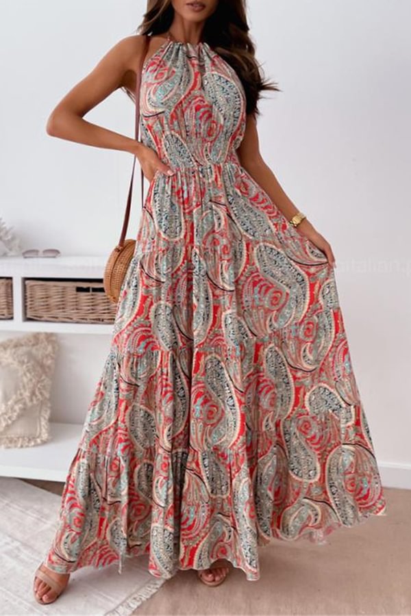 Bohemian Print Halterneck Pleated Maxi Dress
