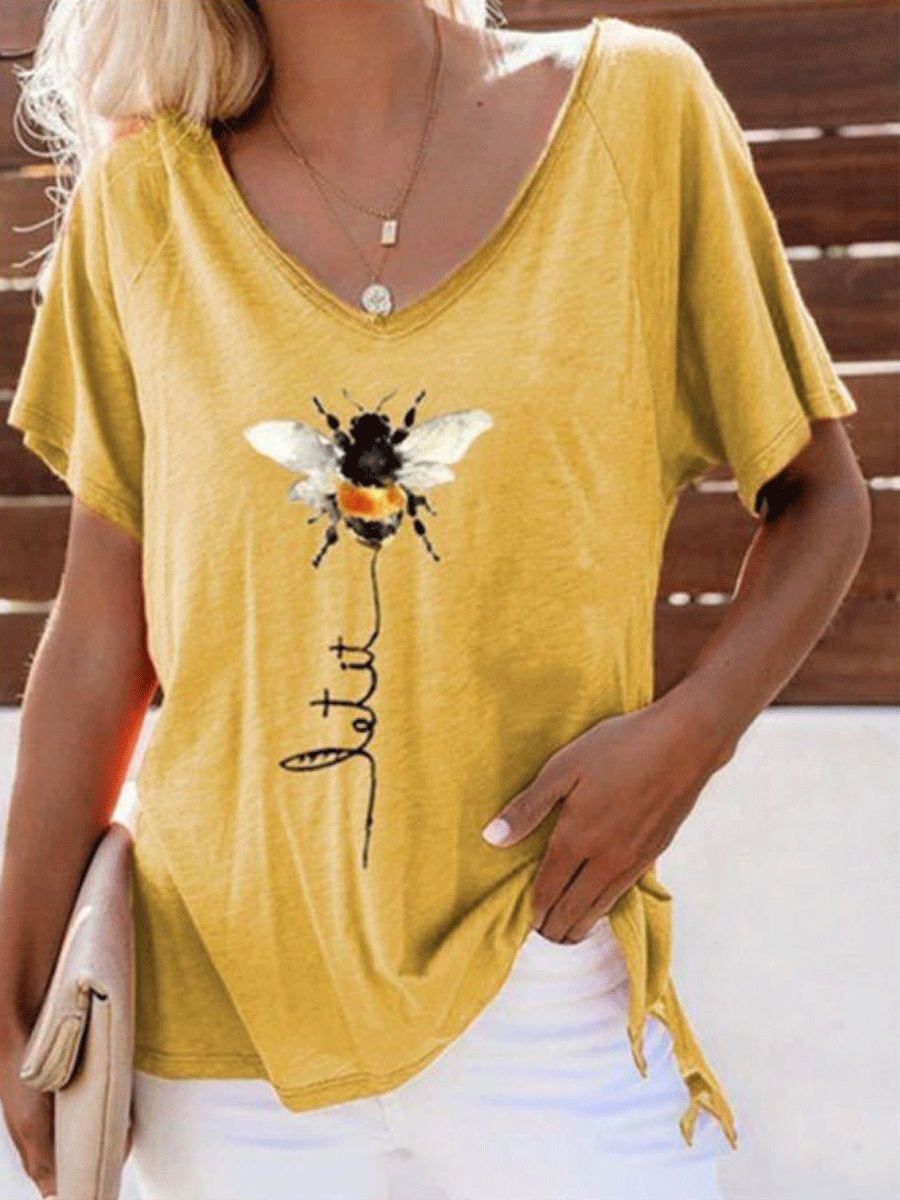 V-neck Short Sleeve Loose Bee Print T-shirt