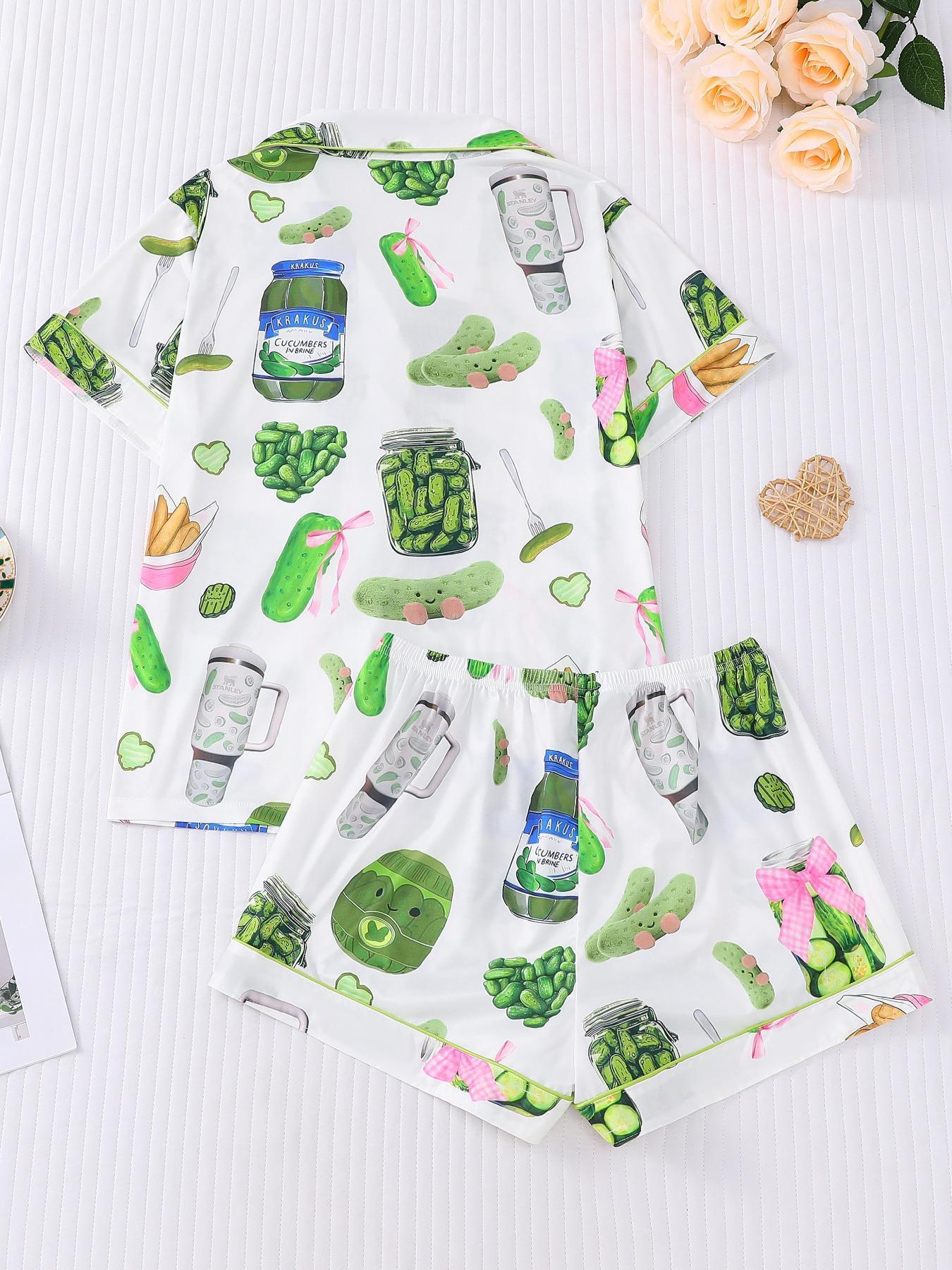 Women's Cucumber Print Short Sleeve Pajama Set, Casual Comfy Button Front Chest Pocket Design Lapel Neck Top & Elastic Waist Shorts PJ Set, Ladies Sleepwear Loungewear