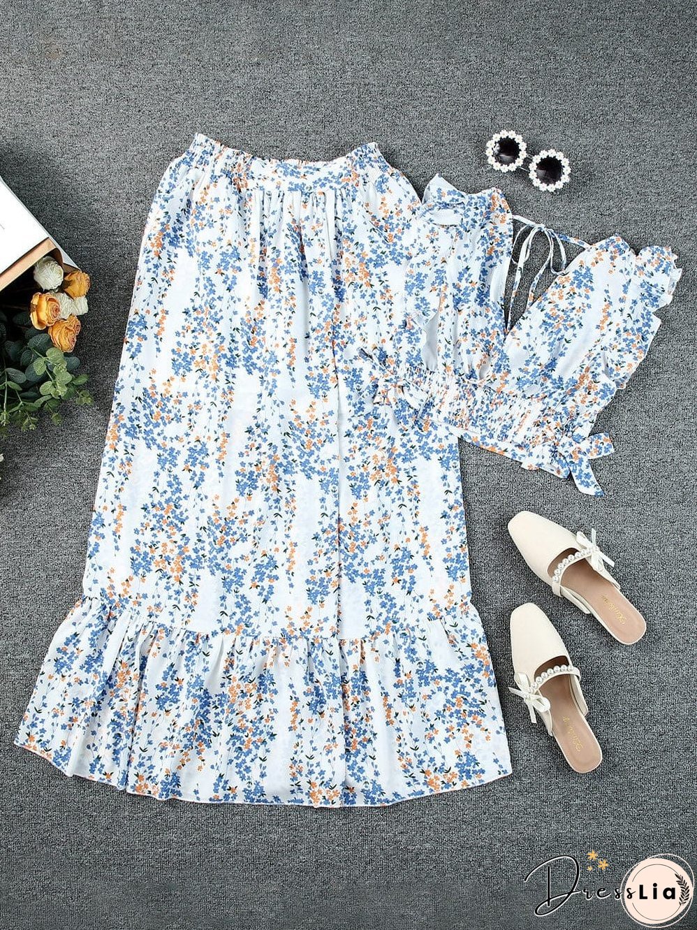 Floral White Bohemian Chic Two Piece Maxi Dress Set