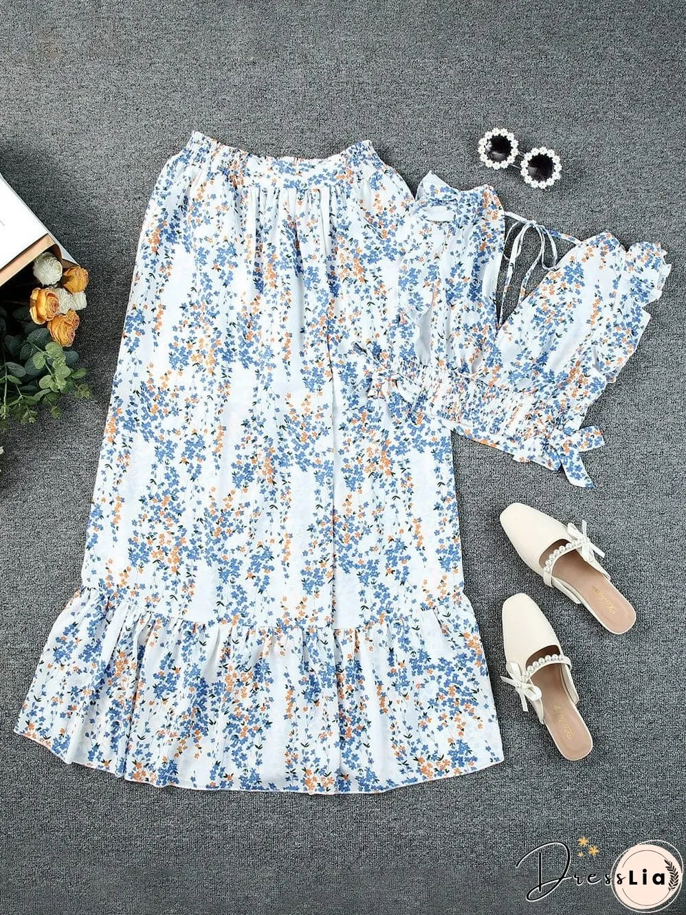 Floral White Bohemian Chic Two Piece Maxi Dress Set