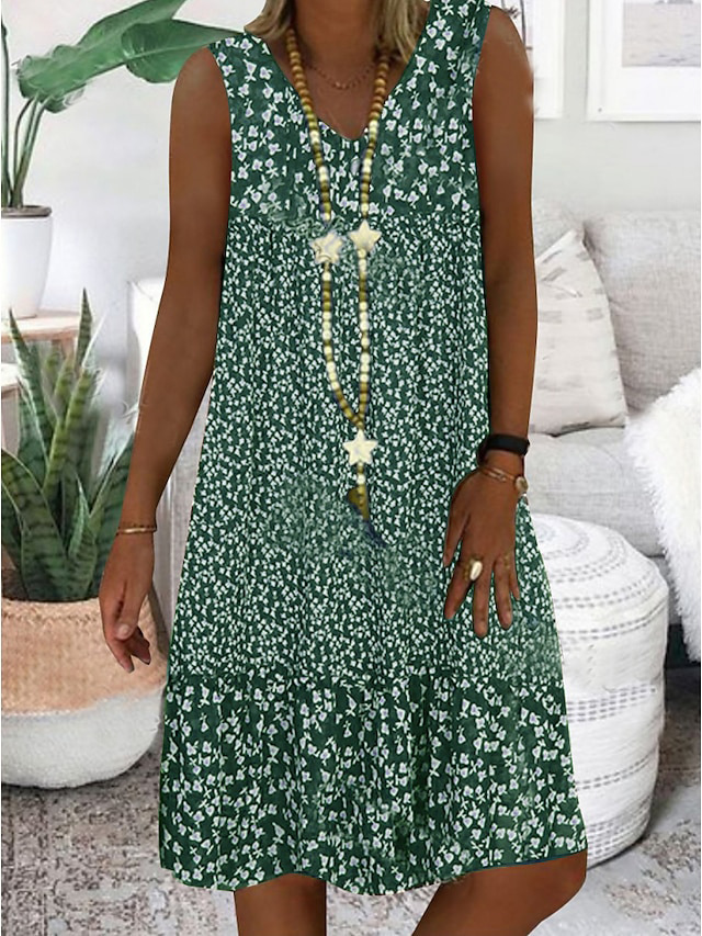 Mature Women Summer V-neck Small Floral Print Sleeveless Dress