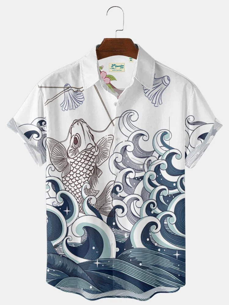 Men's Vintage Hawaiian Shirts Chinoiserie Oriental Ukiyo-e Koi Wrinkle Free Tops