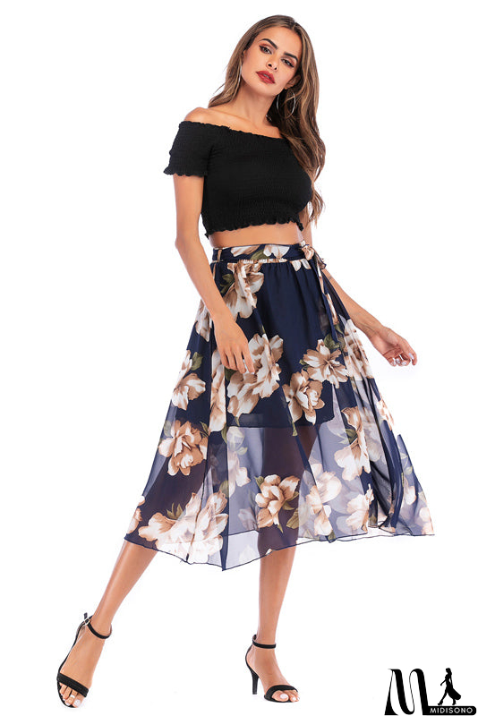 MidiSono - Elastic Waist Blue Floral Print Chiffon Skirt