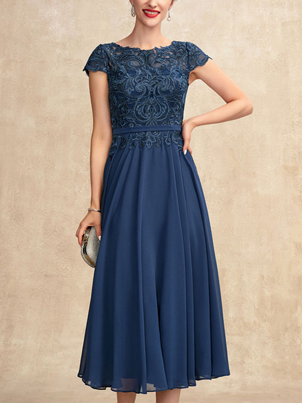 ALine Scoop Neck TeaLength Chiffon Lace Mother of the Bride Dress