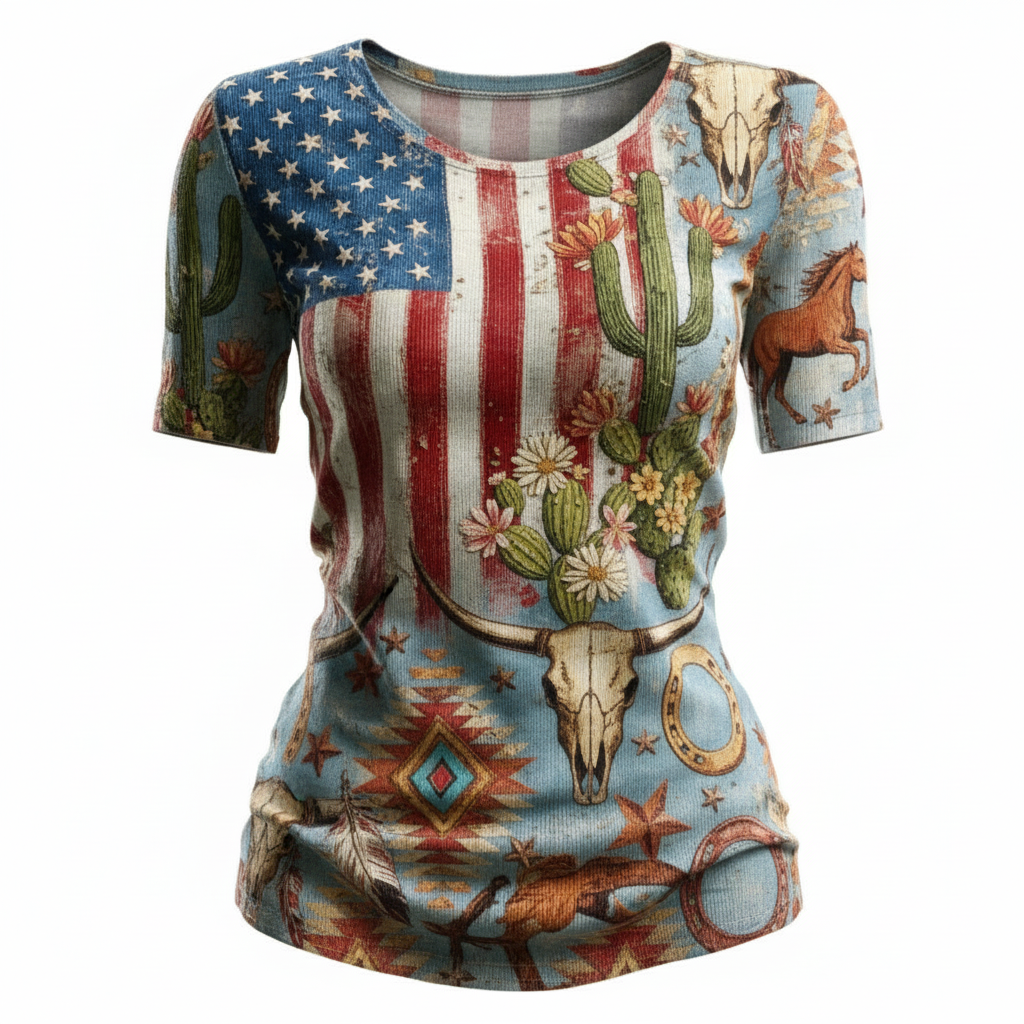 Women's Vintage American Flag 250th Anniversary Western Style Cowboy Bull Head Skull Short-Sleeve Crew Neck T-Shirt - Helixace