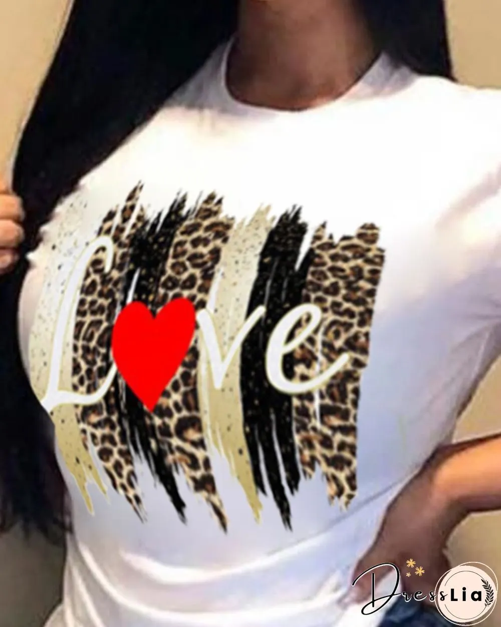 Leopard Letter&Heart Print Short Sleeve T-shirt