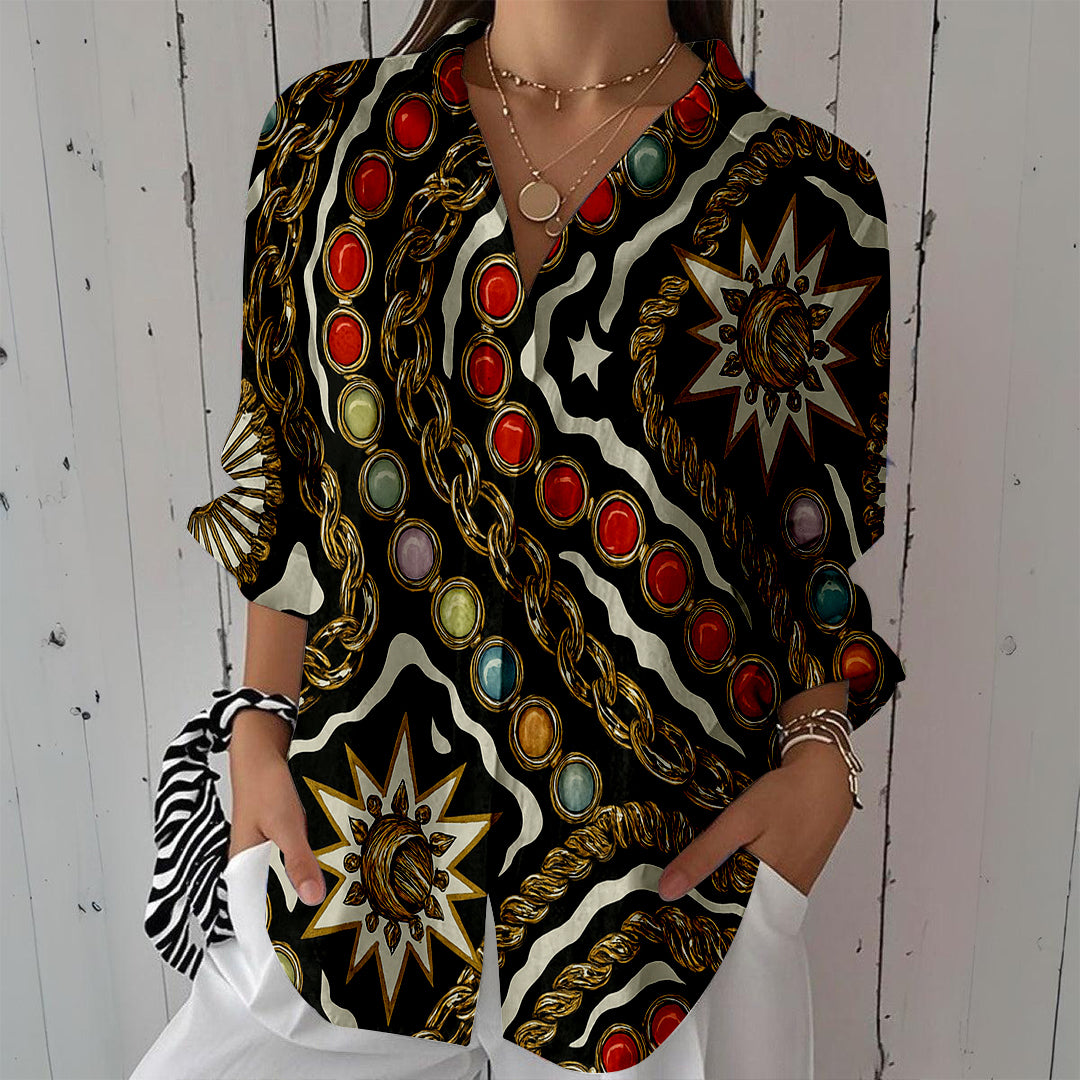 Women Long Sleeve V-neck Graphic Floral Printed Top