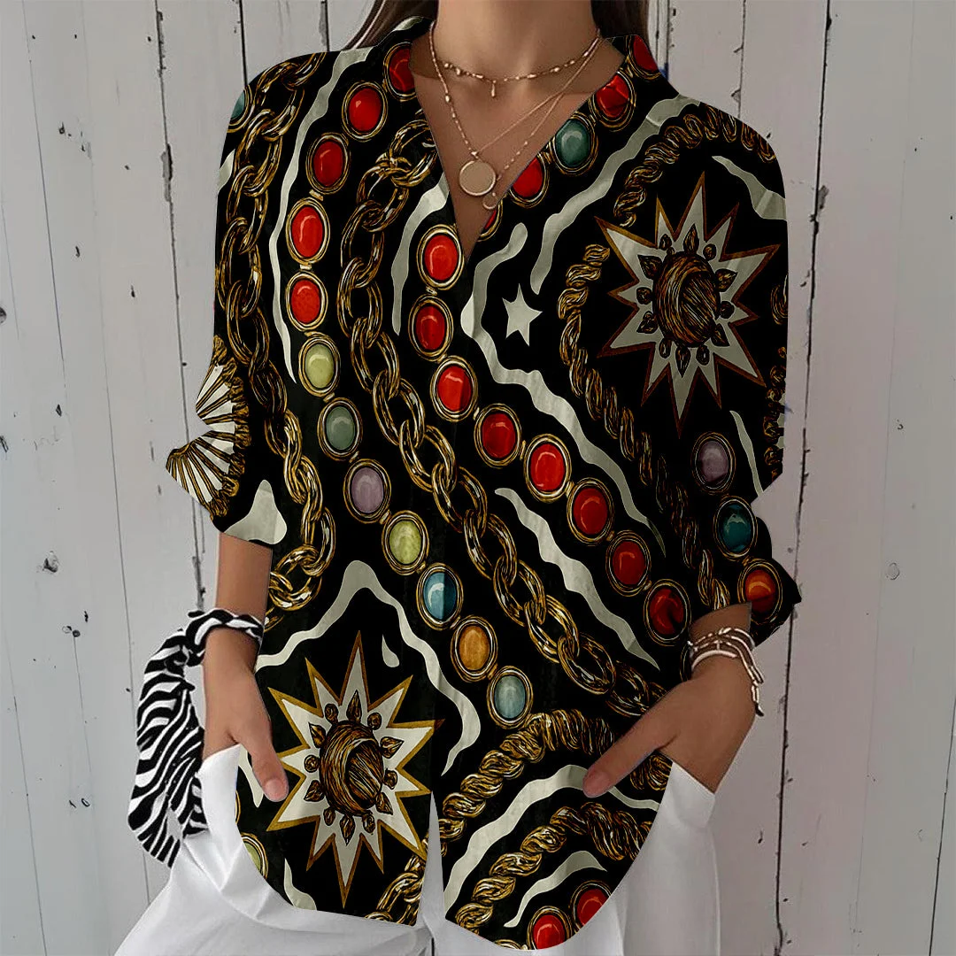 Style & Comfort for Mature Women Women Chain, Black, Red DZCL0118 3/4 Sleeve Shirt Collar Printed Button Tops