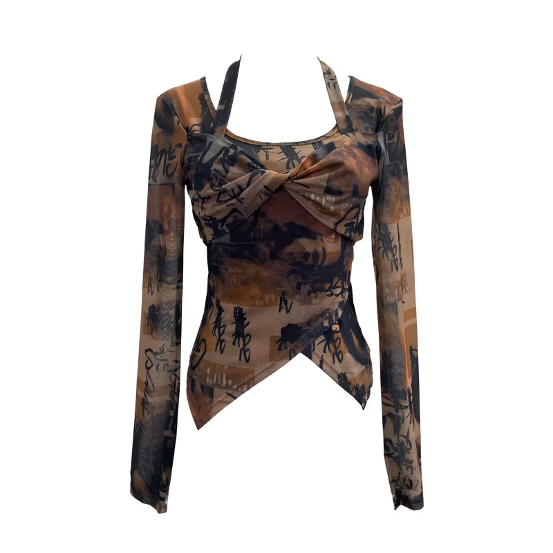 Nigikala Nigikala Special To The Net Yarn Design Sense Hanging Neck Top Cross Folded Repair Short T-Shirt 1178