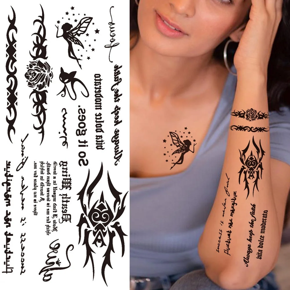 Minimalist Letter Temporary Tattoo For Children Women Small Word Tattoos Sticker Black Endless Heart Fake Tatoos Chains Clavicle