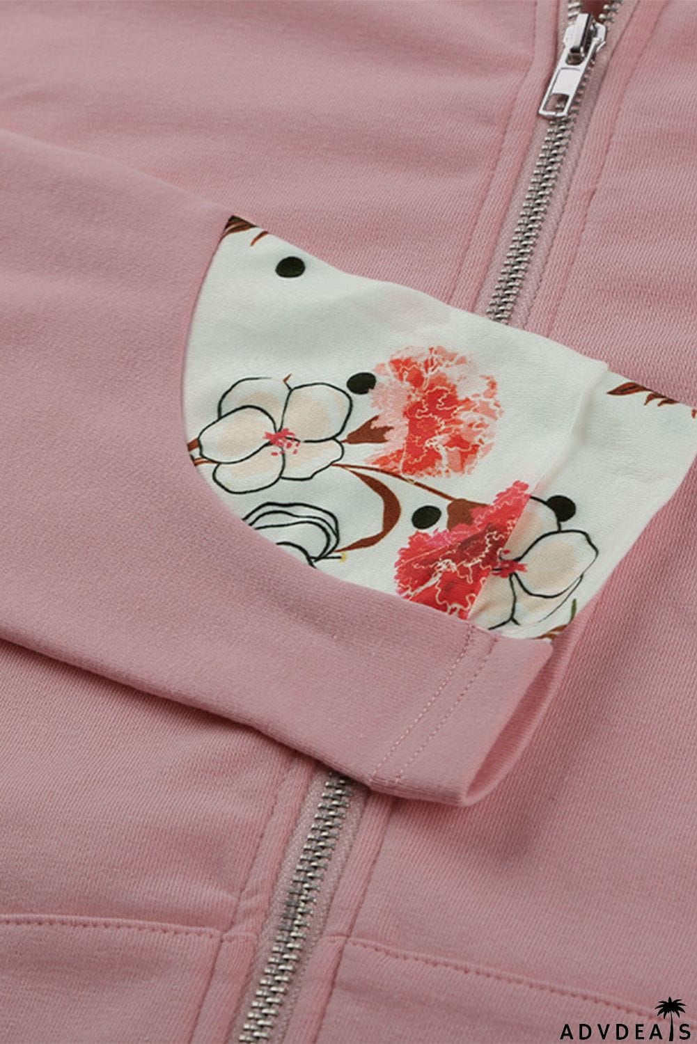 Women's Pink Full Zip Hoodie Coat with Floral Print Hooded Inner